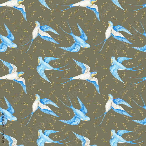 Watercolor seamless pattern swallow background. Flying  bird cartoon.