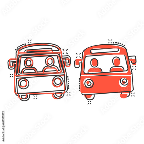 Bus icon in comic style. Coach cartoon vector illustration on white isolated background. Autobus vehicle splash effect business concept.