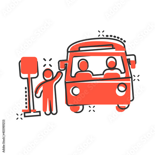 Bus station icon in comic style. Auto stop cartoon vector illustration on white isolated background. Autobus vehicle splash effect business concept.