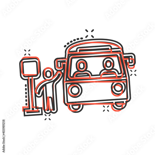 Bus station icon in comic style. Auto stop cartoon vector illustration on white isolated background. Autobus vehicle splash effect business concept.