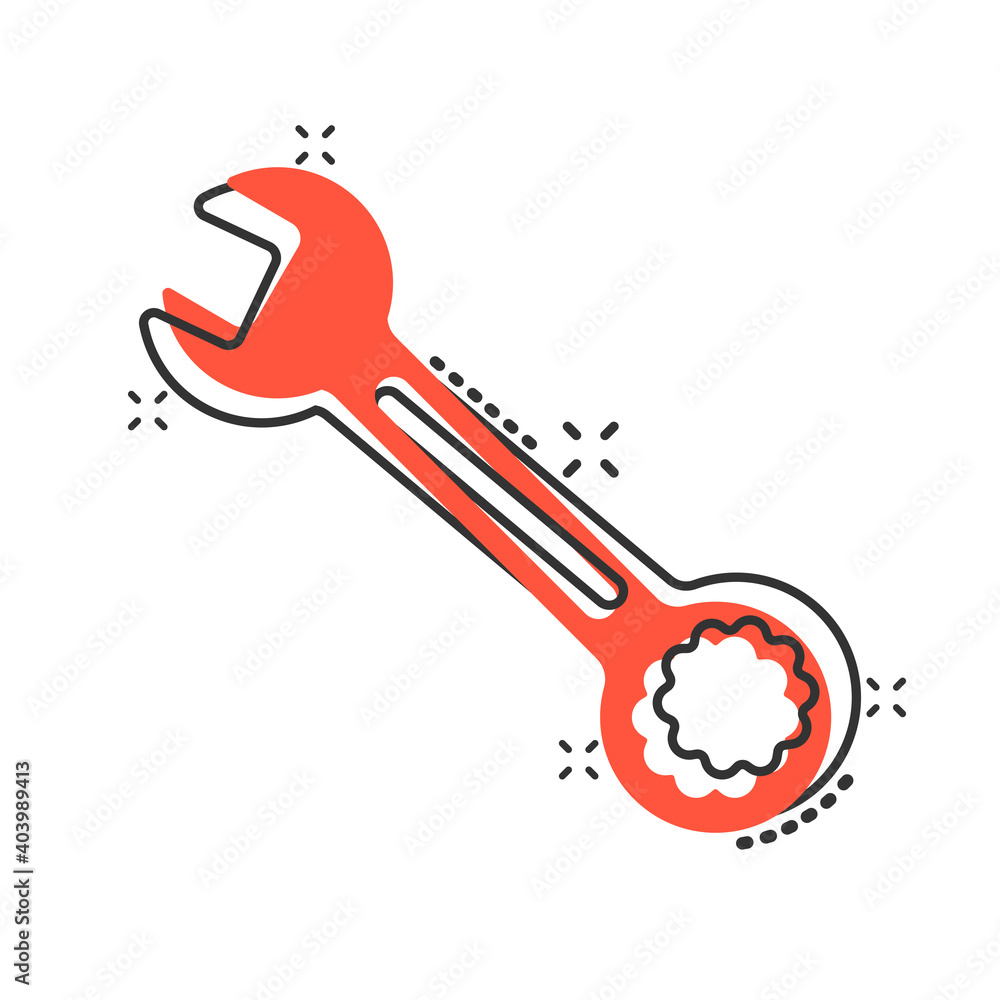 Wrench icon in comic style. Spanner key cartoon vector illustration on white isolated background. Repair equipment splash effect business concept. Wrench icon in comic style. Spanner key cartoon vector illustration on white isolated background. Repair equipment splash effect business concept.