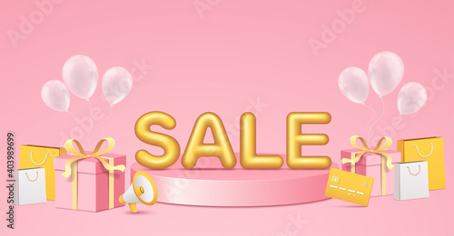 Discounts poster banner for retail, shopping, promotion with big yellow word sale on podium, balloons and shopping elements on pink background. © Ramcreative