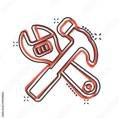 Wrench and screwdriver icon in comic style. Spanner key cartoon vector illustration on white isolated background. Repair equipment splash effect business concept.