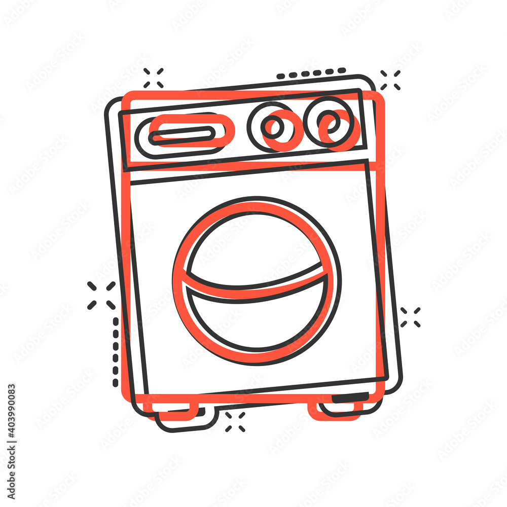 Washing machine icon in comic style. Washer cartoon vector illustration on white isolated background. Laundry splash effect business concept. Washing machine icon in comic style. Washer cartoon vector illustration on white isolated background. Laundry splash effect business concept.