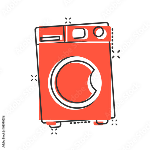 Washing machine icon in comic style. Washer cartoon vector illustration on white isolated background. Laundry splash effect business concept.
