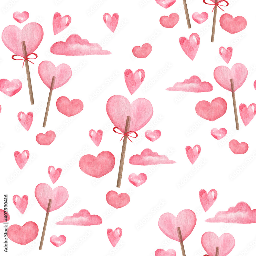 A cute pattern with a pink lollipop in the form of a heart on a light background. Delicate watercolor pattern for wrappers, gifts, notebooks, fabrics, etc.