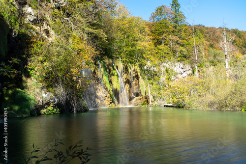 Fototapeta Naklejka Na Ścianę i Meble -  Exotic waterfall and lake landscape of Plitvice Lakes National Park, UNESCO natural world heritage and famous travel destination of Croatia
