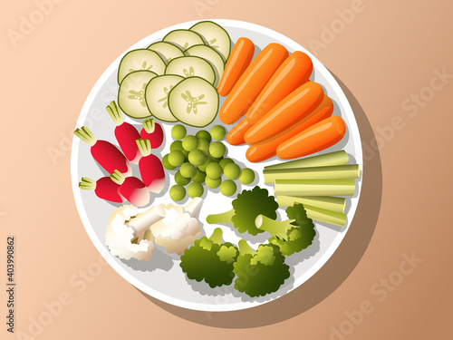 Plate with fresh vegetables, cucumber, broccoli, cauliflower, peas, carrots, herring, radish healthy food advertisement - Vector isolated illustration restaurant menu design flat top view