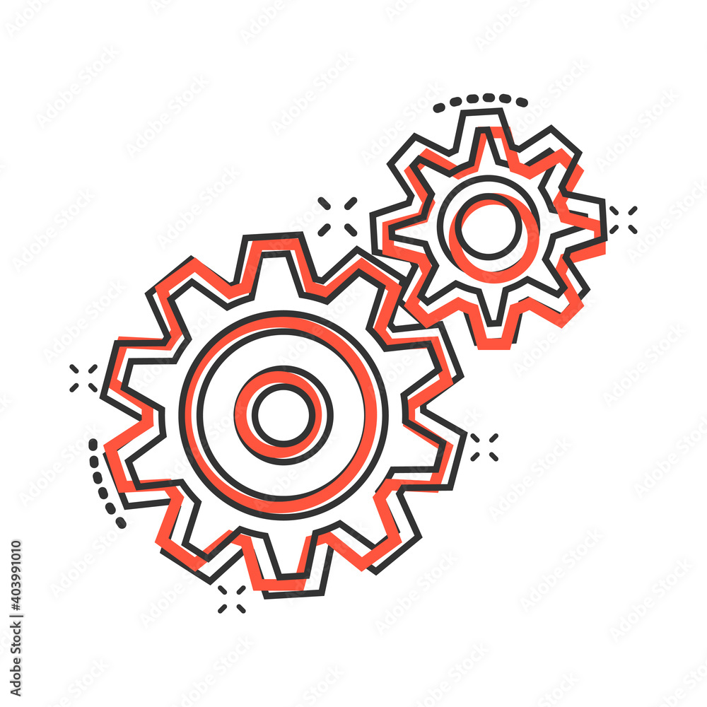 Gear vector icon in comic style. Cog wheel cartoon illustration on white isolated background. Gearwheel cogwheel splash effect business concept. Gear vector icon in comic style. Cog wheel cartoon illustration on white isolated background. Gearwheel cogwheel splash effect business concept.