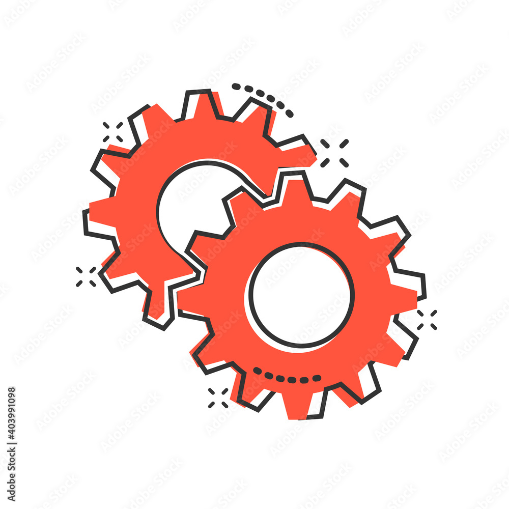 Gear vector icon in comic style. Cog wheel cartoon illustration on white isolated background. Gearwheel cogwheel splash effect business concept.