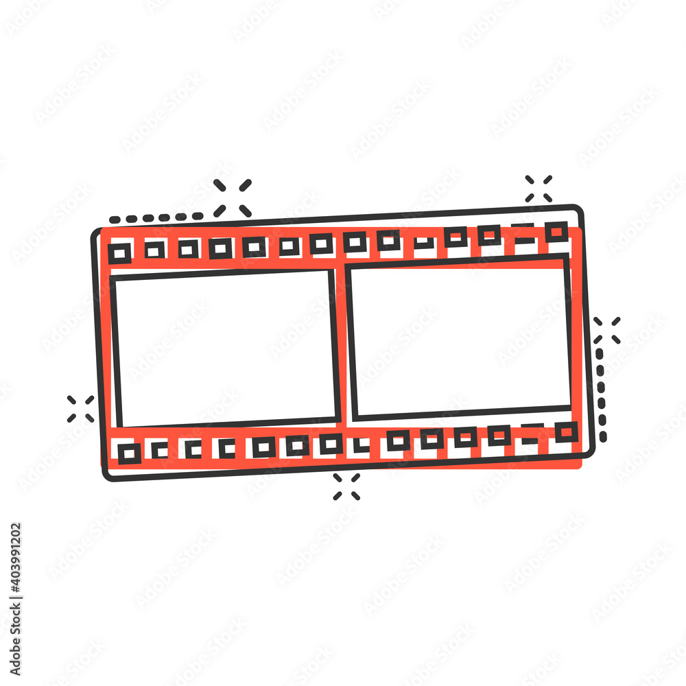 Film icon in comic style. Movie cartoon vector illustration on white isolated background. Play video splash effect business concept. Film icon in comic style. Movie cartoon vector illustration on white isolated background. Play video splash effect business concept.