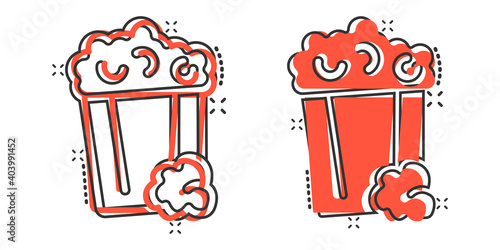 Film icon in comic style. Popcorn cartoon vector illustration on white isolated background. Pop corn bucket splash effect business concept.
