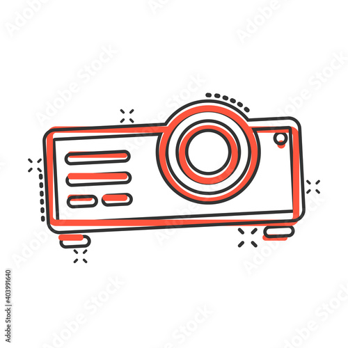 Video projector sign icon in comic style. Cinema presentation device cartoon vector illustration on white isolated background. Conference splash effect business concept.