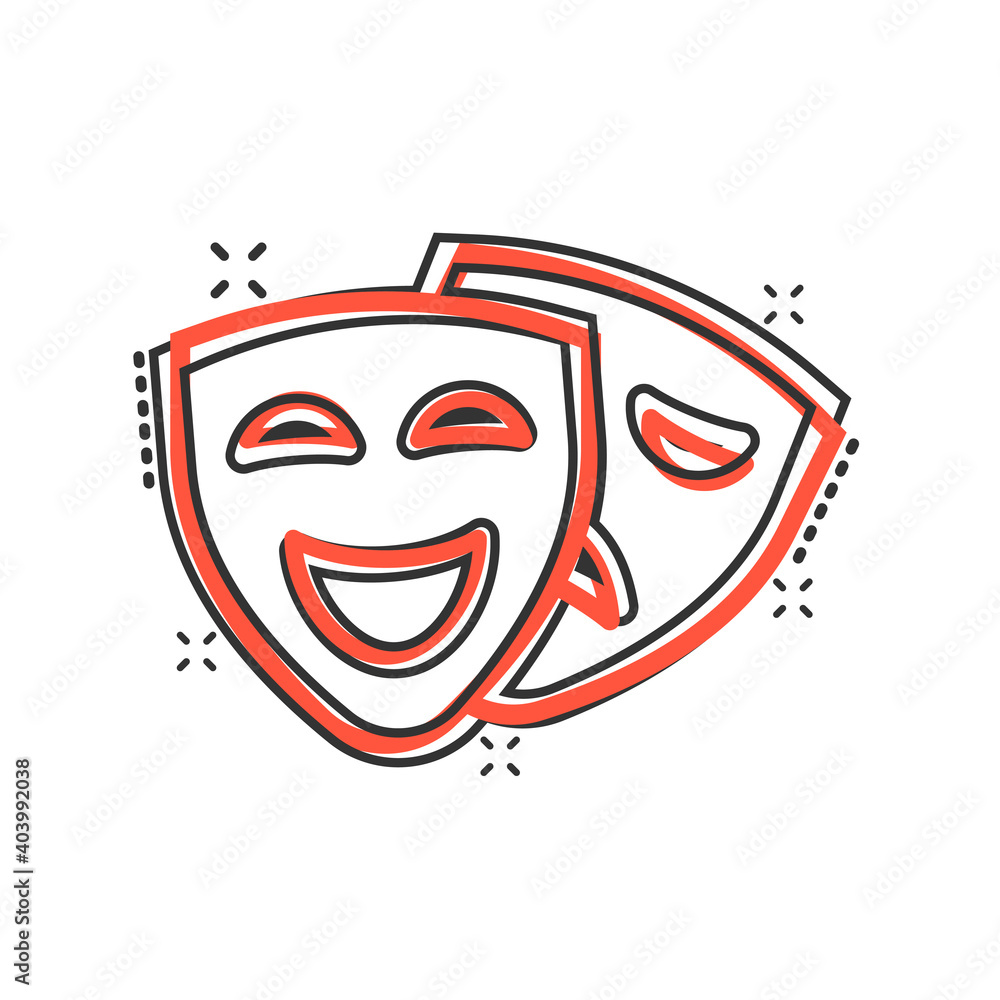Theater mask icon in comic style. Comedy and tragedy cartoon vector illustration on white isolated background. Smile face splash effect business concept. Theater mask icon in comic style. Comedy and tragedy cartoon vector illustration on white isolated background. Smile face splash effect business concept.