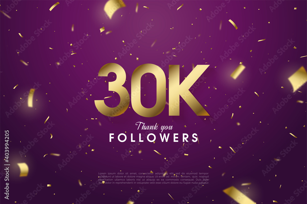 30k followers background with gold paper illustration falling on purple background.