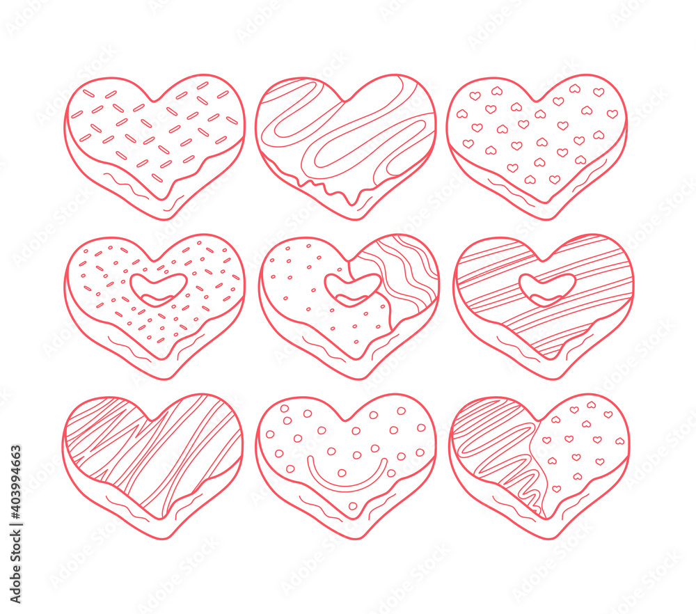 Big Set of Vector illustration of Heart Shaped Donuts collection with toppings in line art design style. sweet and delicious food doodle art. shape of love.