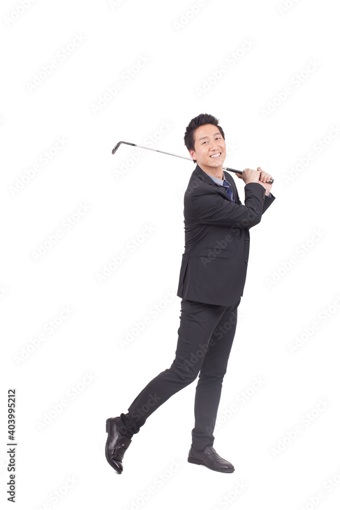 Business man holding golf swing and smiling at the camera Business man holding golf swing and smiling at the camera