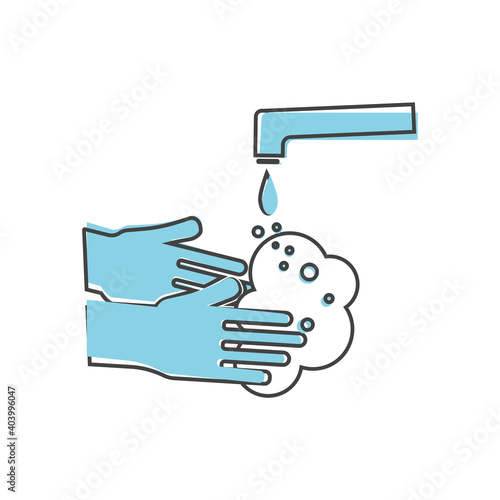 Vector icon of washing hands under the tap on cartoon style on white isolated background.
