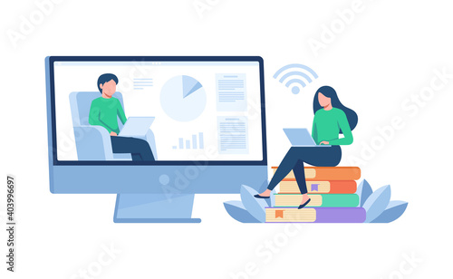 online education concept vector illustration, student sitting on pile of books, listening lesson from teacher