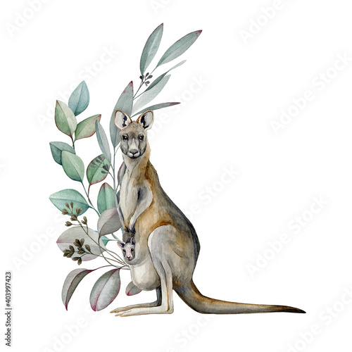 Kangaroo with eucalyptus leaves watercolor image. Australia animal with floral decoration. Evergreen aroma eucalyptus branch and kangaroo hand drawn realistic illustration. Beautiful wildlife decor. photo