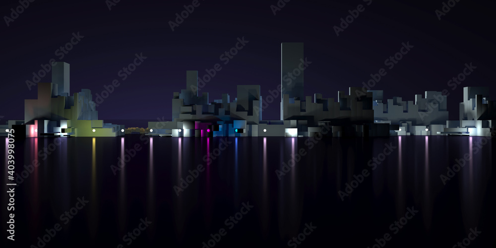 Night city illustration. Lighting and reflection in dark water.