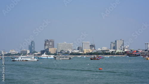 View of the harbor and big city in Pattaya, Thailand from 2021-January-02. © tharathip