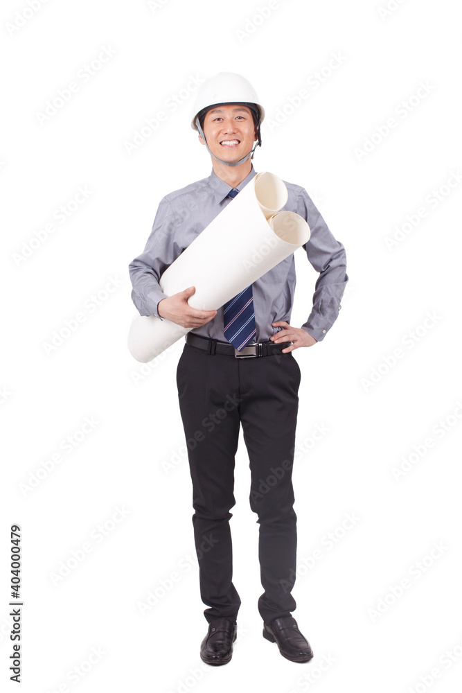 A happy young Construction management holding blueprints A happy young Construction management holding blueprints