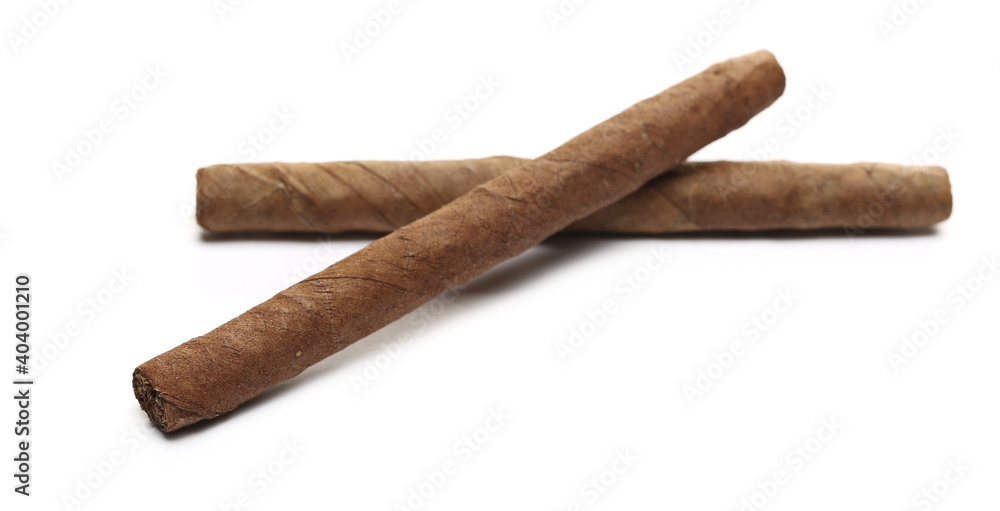 Luxury handmade cigars isolated on white background, side view
