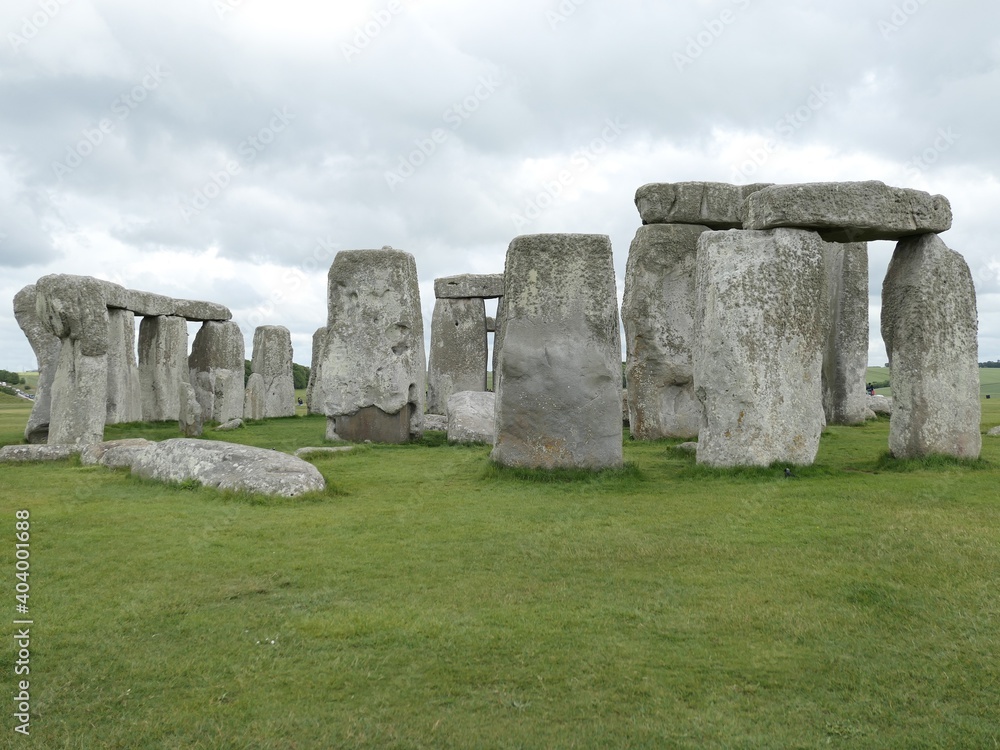 Stonehenge, United Kingdom, June 14, 2019: Stonehenge in color – the whole picture cropped - no people. It was erected in the late Stone Age. A monument located on the Salisbury Plain in south-western