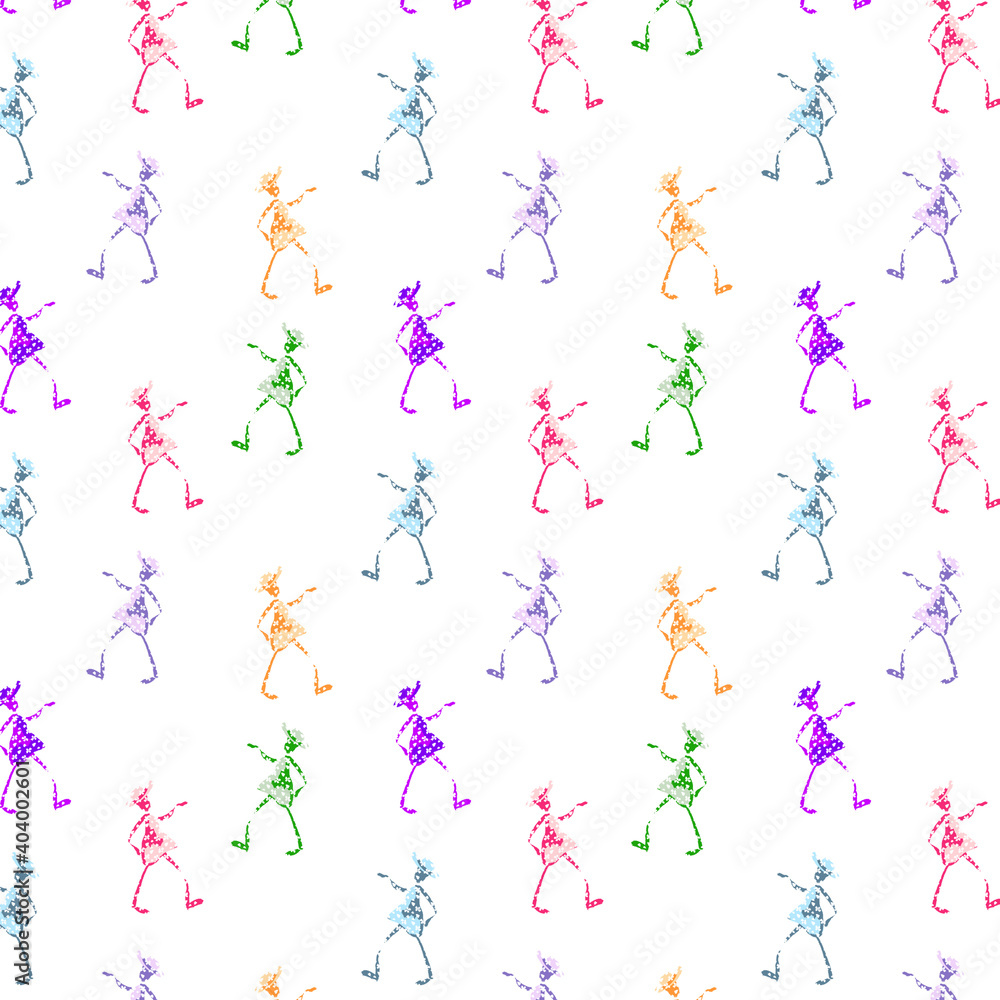 Seamless pattern dancing girl in a hat. Bright illustration for festive postcards design, packages, wallpapers, decorations, stickers and prints.