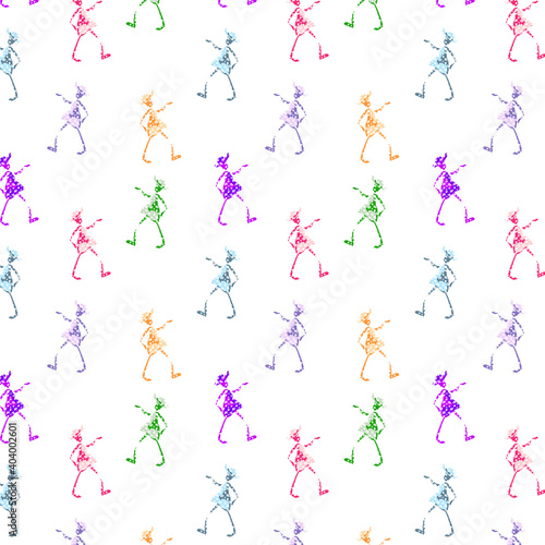 Seamless pattern dancing girl in a hat. Bright illustration for festive postcards design  packages  wallpapers  decorations  stickers and prints.
