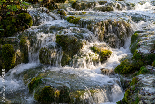 Exotic waterfall and lake landscape of Plitvice Lakes National Park  UNESCO natural world heritage and famous travel destination of Croatia