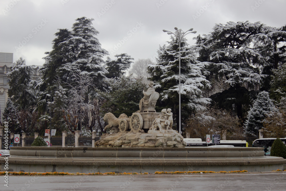 center of madrid with snow in winter