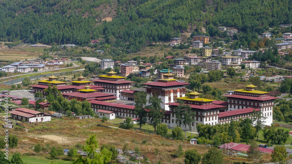 Overhanging view of Tashichho dzong in Thimphu the capital city of Bhutan, fortress monastery and seat of the government