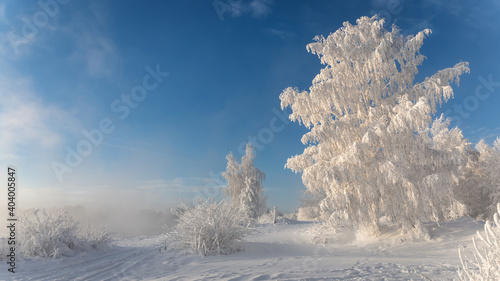 Winter morning on Reftinsky reservoir with snow-covered forest and road, Russia, Ural in January