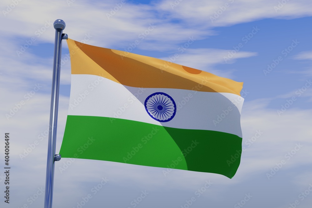 3D illustration of Waving flag of India with chrome flag pole in blue