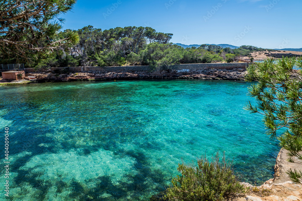 View on Balearic sea from Ibiza coast, rocks, sunny day of April 2018