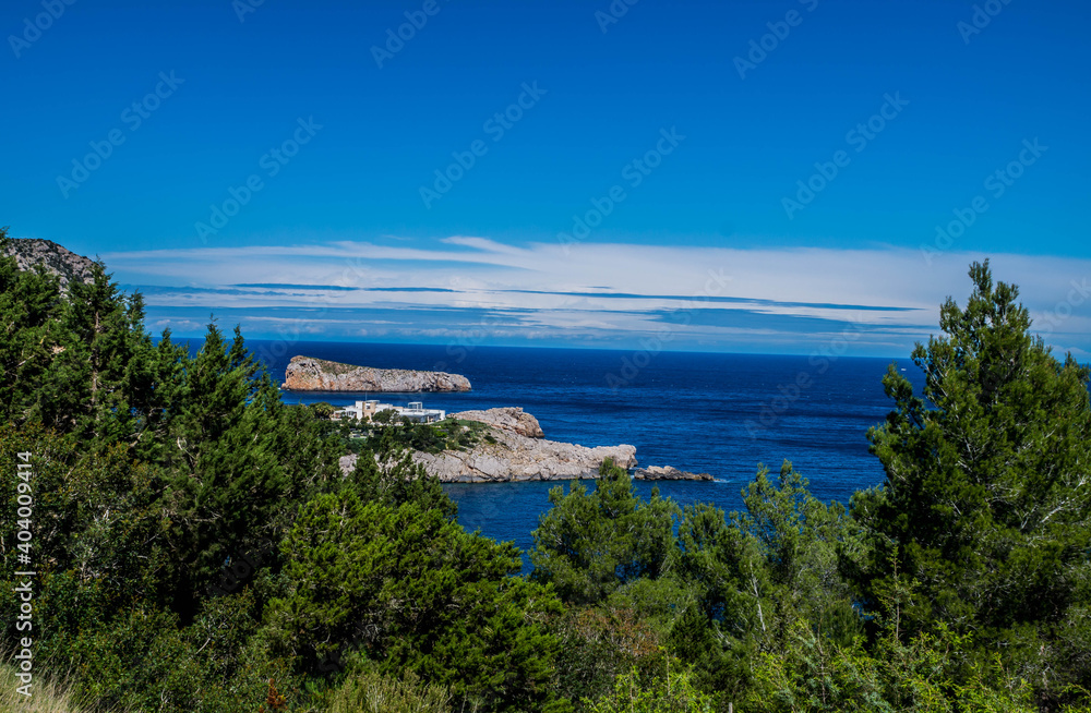 View on Balearic sea from Ibiza coast, rocks, sunny day of April 2018