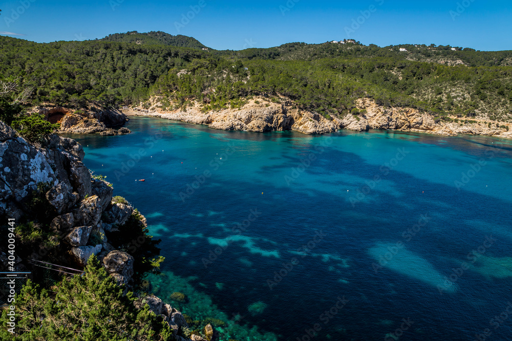 Naklejka premium View on Balearic sea from Ibiza coast, rocks, sunny day of April 2018