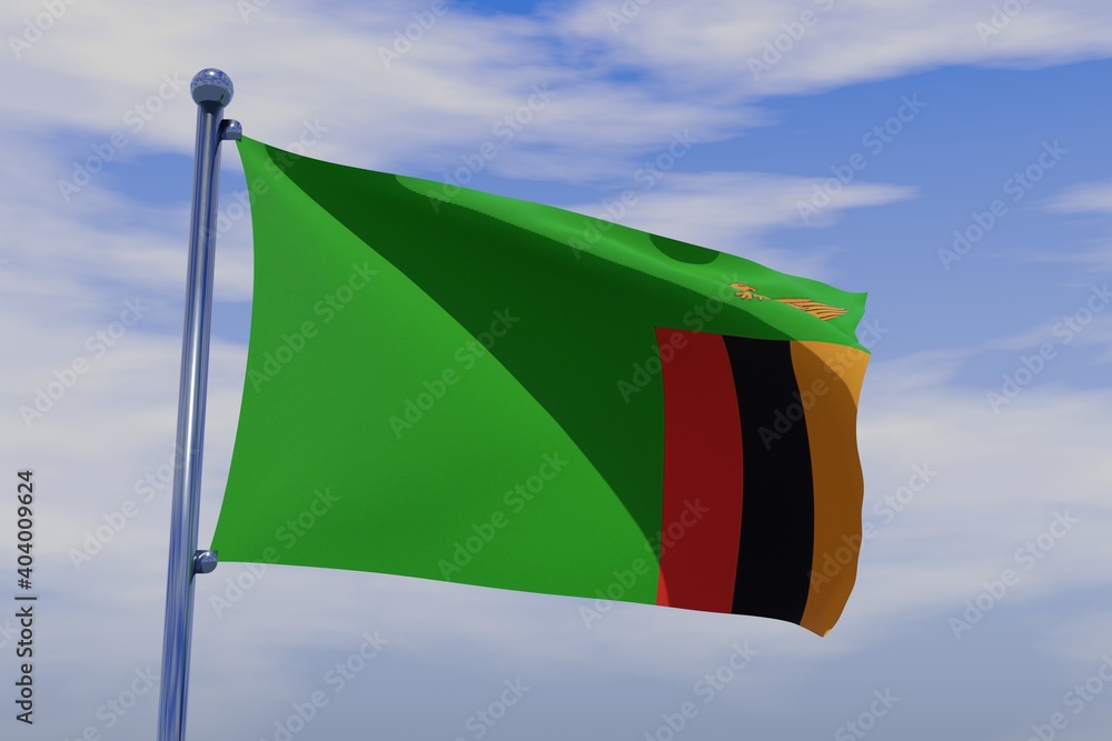 3D illustration of Waving flag of Zambia with chrome flag pole in blue ...
