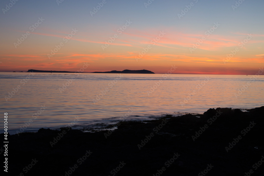 Sunset at Sant Antoni de Portmany, by the Cafe del Mar, Ibiza, Spain, April 2018