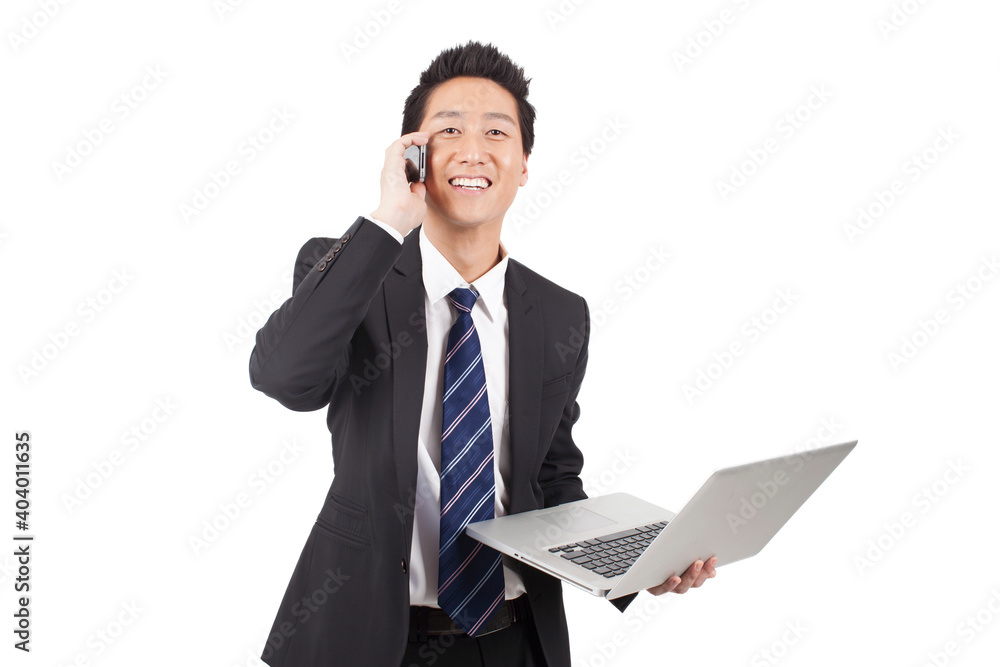 Business man Holding Laptop Computer And Phono Business man Holding Laptop Computer And Phono