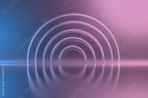 Abstract room interior with set of round circular tubes with metallic texture colored with pink blue reflective colors.