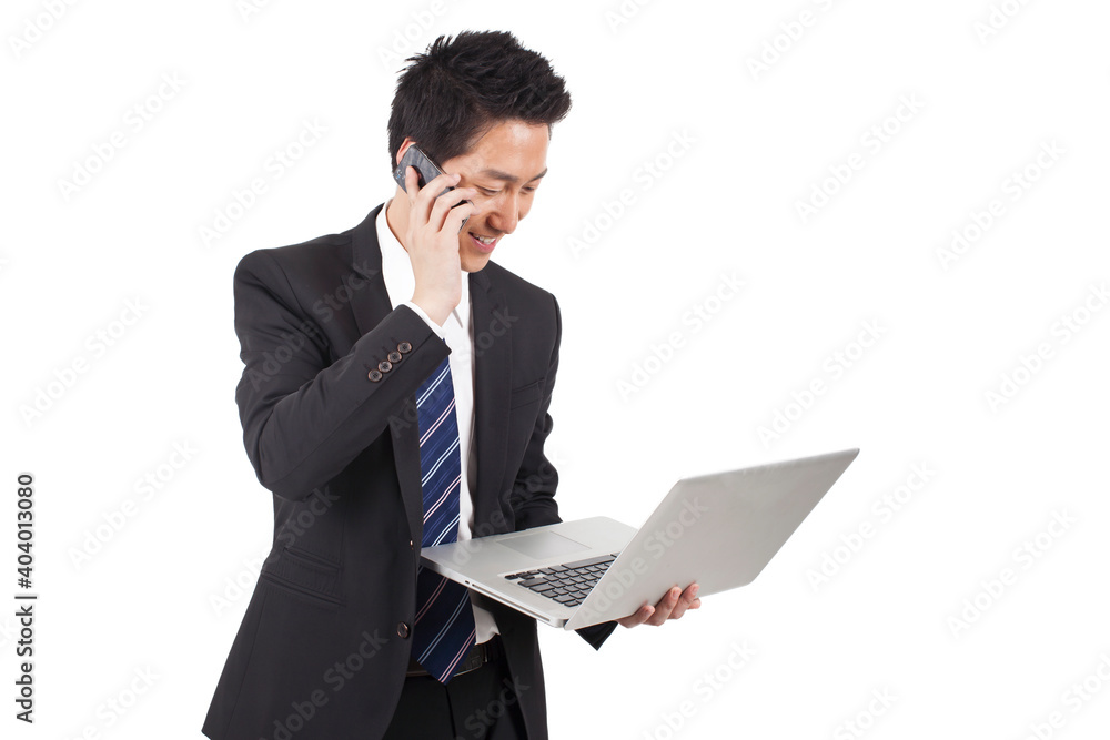 Business man Holding Laptop Computer And Phono Business man Holding Laptop Computer And Phono