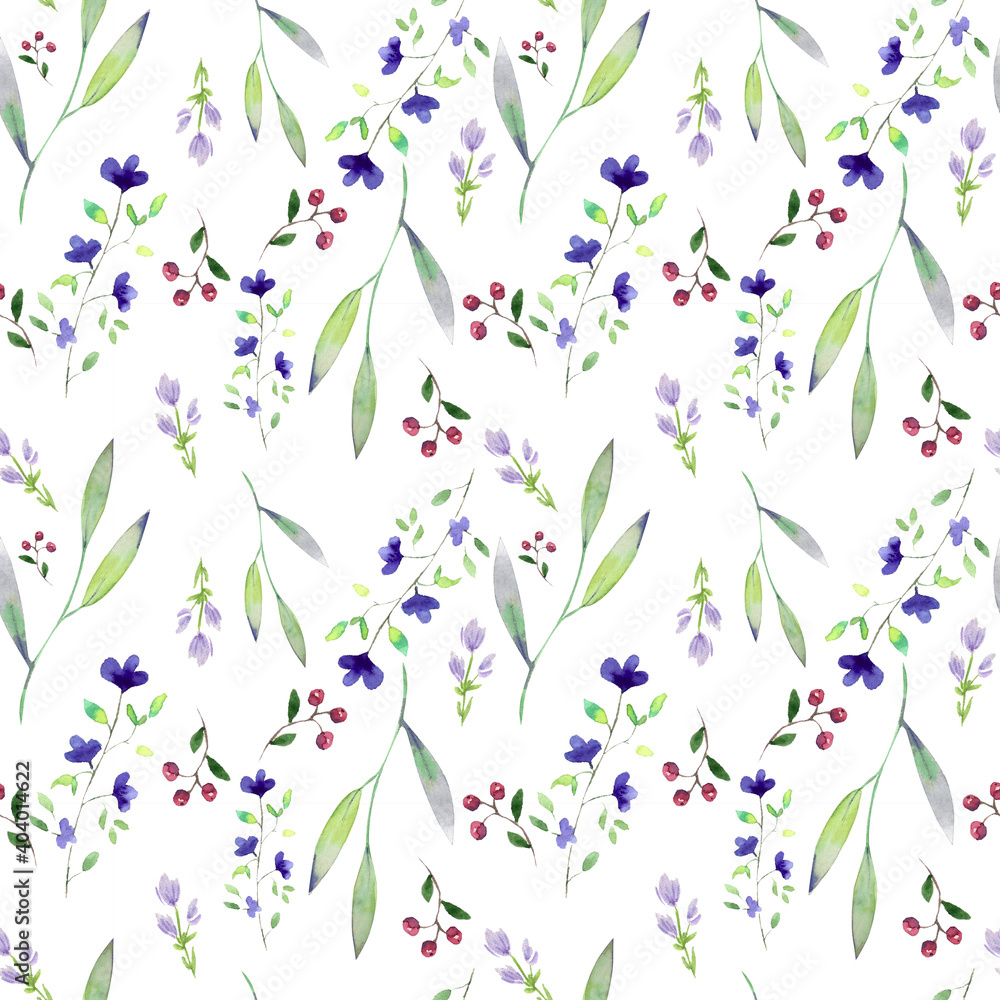 Watercolor illustration. Seamless pattern of flowers in pastel colors. Seamless natural design on white background