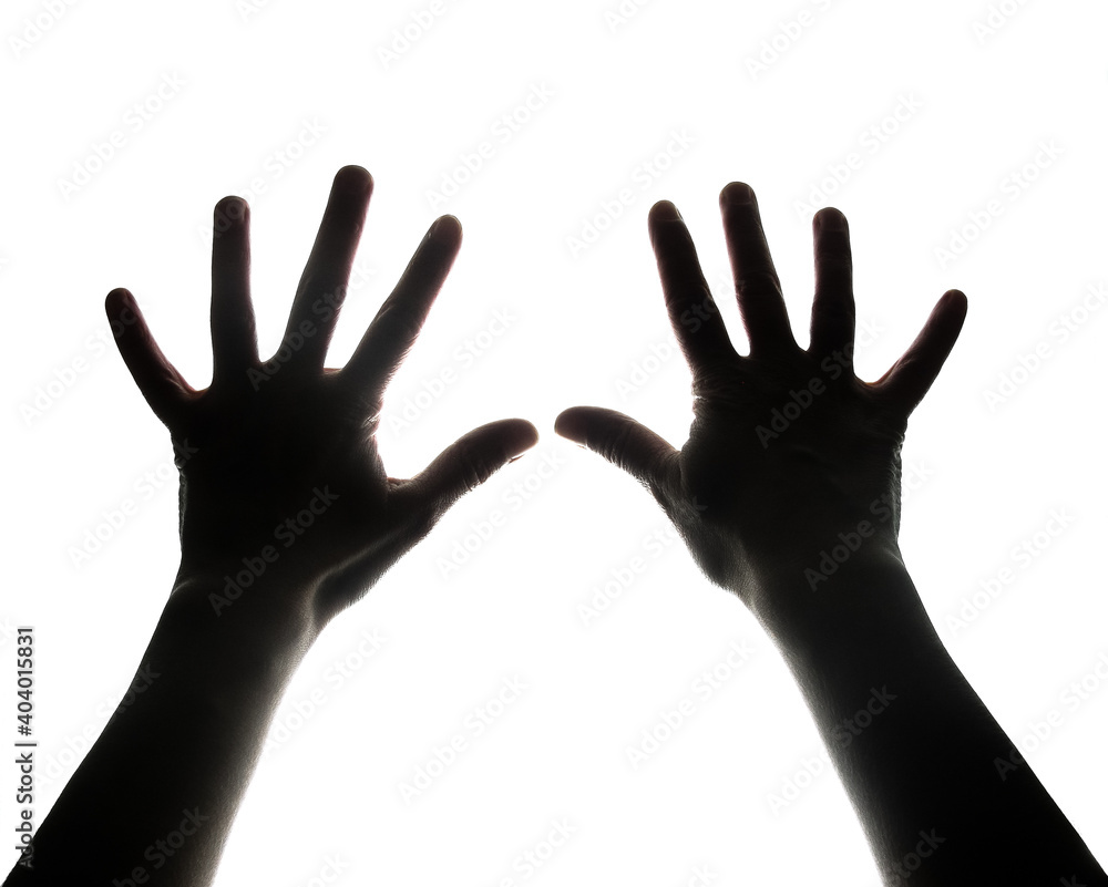 Silhouette of two hands on a white background. Two hands with open palms reach up and forward, pushing something. Silhouette of two hands on a white background. Two hands with open palms reach up and forward, pushing something.