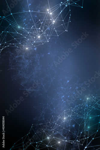Plexus lines  dots and light beams with light points. Abstract technology  science and engineering background. Depth of field settings. 3D rendering