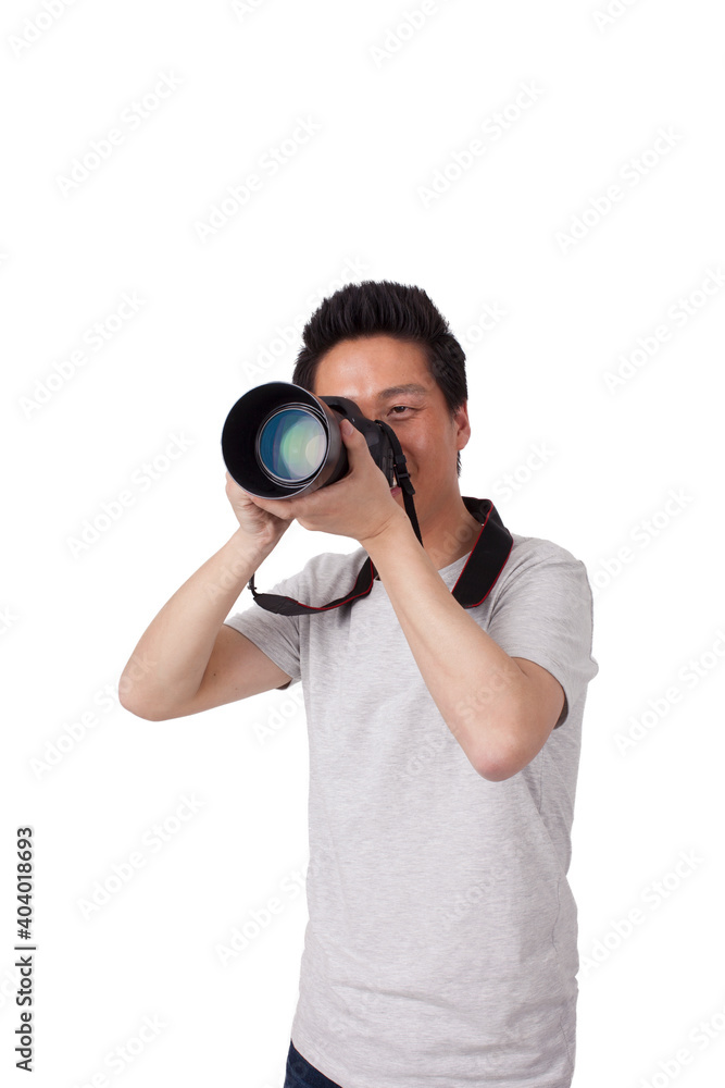 A portrait of a young man with a camera A portrait of a young man with a camera