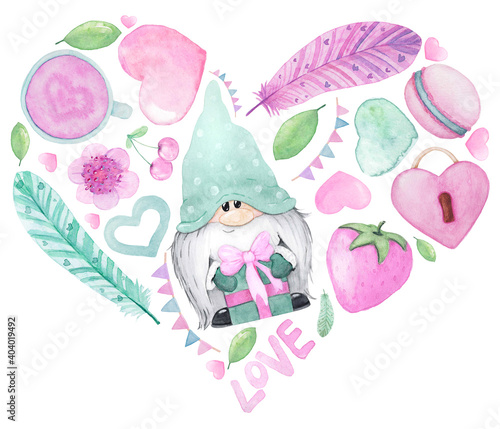 Watercolor illustration Sweet Valentine for sublimation. Gnome Valentine sublimation. Watercolor Love clip art.