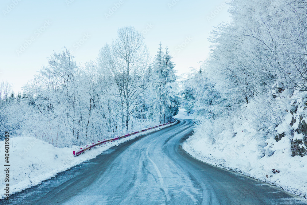 Winter landscape, Winter Forest, Winter road and trees covered with snow Winter landscape, Winter Forest, Winter road and trees covered with snow
